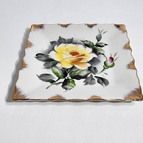 Lefton China Hand Painted Square Dish With Yellow Rose Design Gold Trim Vintage - Picture 10 of 10
